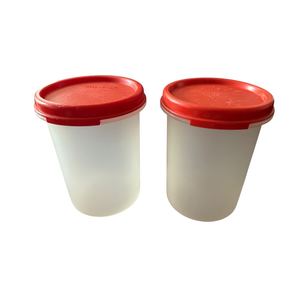 Vintage Tupperware 1806 Tumbler Set of 2 Red Lids 15oz 440ml Translucent Plastic